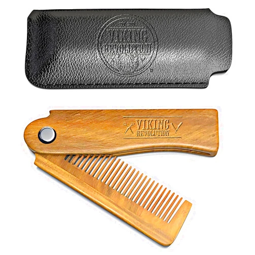 Viking Revolution Folding Beard Comb w/Carrying Pouch for Men - All Natural Wooden Beard Comb w/Gift Box - Green Sandalwood Comb for Grooming & Combing Hair, Beards and Mustaches by Viking Revolution