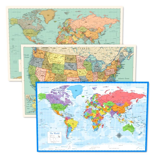 Palace Learning 3 Pack - World & USA Map Chart [Tan/Color] + World Map [Blue Ocean] (LAMINATED, 18” x 29”)