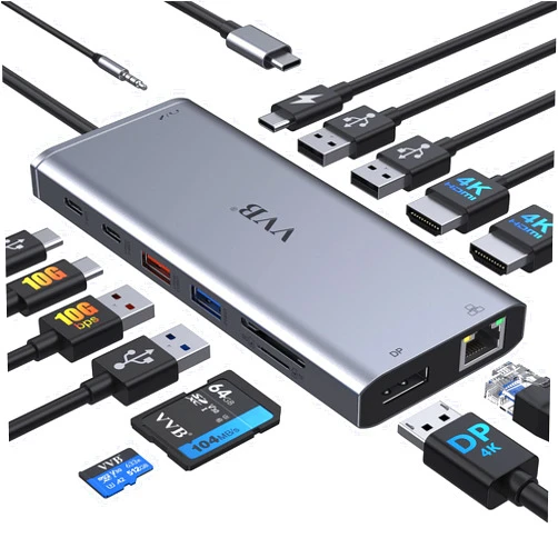 VVB USB C Laptop Docking Station Dual Monitor HDMI for Dell/Lenovo/HP Laptop 14 in 1 USB C Hub Multiport Adapter Dongle Dock USB C to 2 HDMI 4K+DisplayPort+Ethernet+4USB+2USB C+100W PD Charger+SD/TF+Audio