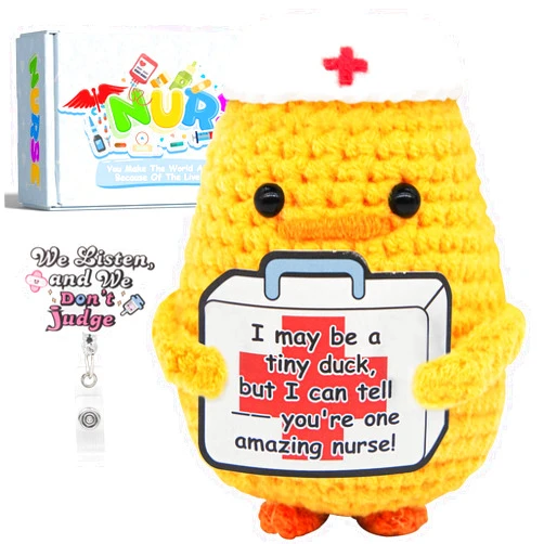 IrichBa Funny Nurse Week Gifts for Women - Positive Crochet Duck with Nurse Badge Reel - Animals Emotional Appreciation Gifts for RN Registered Practitioner, LPN, Nursing School Graduation, Christmas