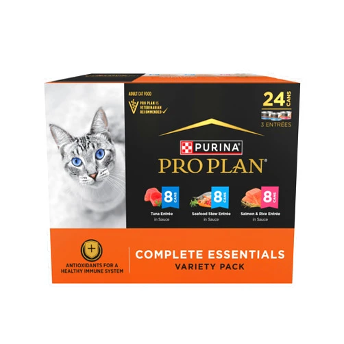 Purina Pro Plan High Protein Cat Food Complete Essentials Wet Cat Food Seafood Favorites Variety Pack 3 Ounce (Pack of 24)