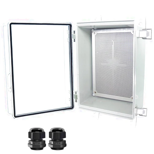 Otdorpatio Junction Box, Hinged Clear Cover Stainless Steel Latch IP67 Waterproof ABS Project Box with 2 Cable Glands,Electrical Box Enclosure with Mounting Plate & Wall Bracket 15.7x11.8x7.1inch