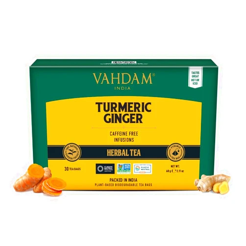 VAHDAM, Turmeric Ginger Herbal Tea Bags (30 Pyramid Tea Bags) Caffeine Free, Non GMO, Gluten Free | 100% Pure Herbal Blend - Savory & Spicy | Individually Wrapped Pyramid Tea Bags | Direct from Source