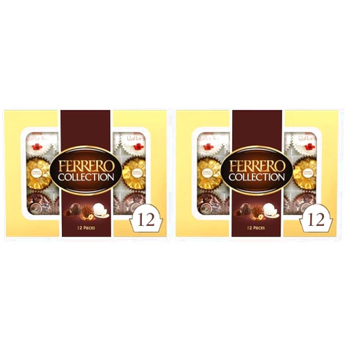 Ferrero Rocher Ferrero Collection Premium Gourmet Assorted Hazelnut Milk Chocolate, Dark Chocolate and Coconut, Great Holiday Gift Box, 4.6 oz, 12 Count (Pack of 2)