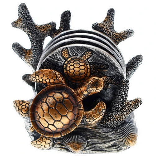 Top Brass Sea Turtle Seashell Coral Coaster Set - Nautical Ocean Beach Coastal Decor