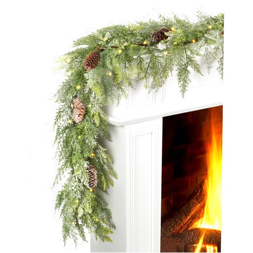 Jazipo 6FT Real Touch Norfolk Pine Garlands with 50 Lights, Snowy Branches and Pine Cone, Artificial Christmas Garland Outdoor Decor 8 Mode Timer Waterproof for Table, Mantle, Wall, Indoor