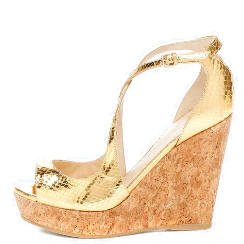 WETY Women's Rubber Fish Mouth Wedge Platformvintage Buckle Sandals Gold Wedge Heels