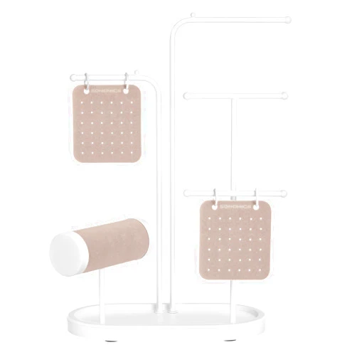 SONGMICS Jewelry Stand, Jewelry Organizer, Jewelry Display Holder with Metal Frame, 2 Earring Boards, 4 Hanging Rods, Necklace Earring Bracelet Holder, for Watches, Cloud White UJJS025W01