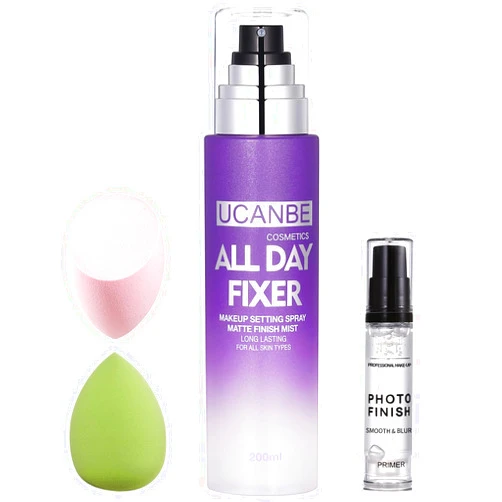 UCANBE Makeup Setting Spray + Face Primer + Make Up Sponge, Gel-Based Hydrating Primer, Lightweight, Long Lasting Matte Finishing Spray,Beauty Blender Set