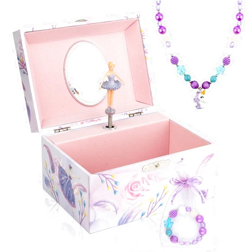 Taduoduo Girls' Musical Jewelry Box Organizer with Jewelry Set - Pink Purple Spinning Ballerina Theme, Swan Lake Tune - Jewelry Storage and Music Box for Girls