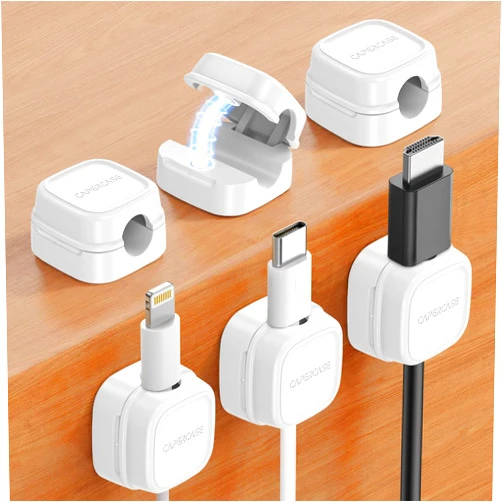CAPERCASE 6 Pack Magnetic Cable Clips Organizer Cord Holder, Smooth Adjustable, Under Desk Wire Management USB Phone Charger Cord Keeper for Home Office Phone Desktop Car Wall Nightstand – White