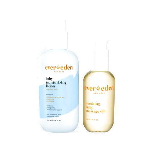 Evereden Baby Skin Moisture Duo | Soothing Baby Massage Oil, 4 fl oz & Fragrance Free Baby Moisturizing Lotion, 8.5 fl oz | 2 Item Bundle Set | Clean and Unscented Baby Care