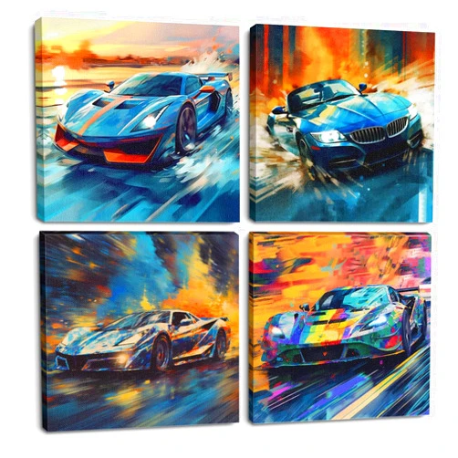 TBT 4 Pcs Car Wall Art Race Car Wall Decor Car Gifts Garage Decor Racing Car Canvas Print Art Framed Art Decorative Painting Country Room Decor for Home Farmhouse Bedroom Kitchen Library Office-2