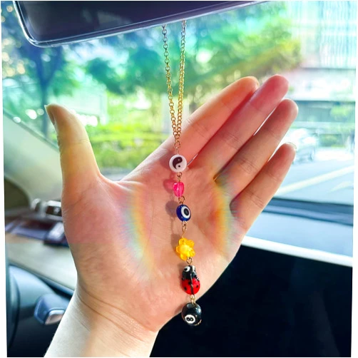 Zmoso Evil Eye Ladybug Hanging Ornament for Car Rear View Mirror, Lucky Charm Yin Yang Cute Car Accessories