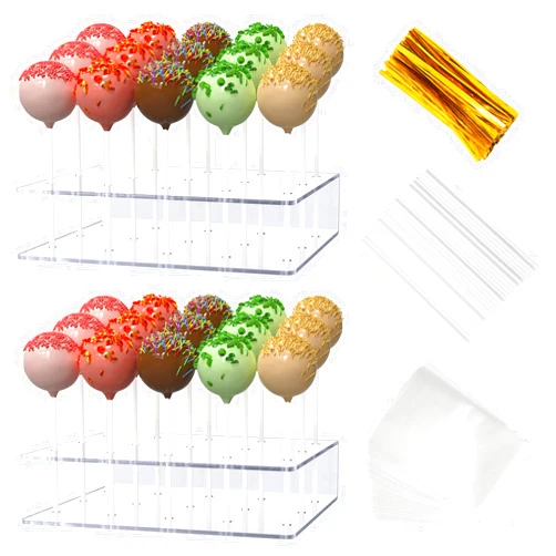 Dooiclear 2 Pack Cake Pop Stand with Sticks Kit, Acrylic Lollipop Hold Stand, Clear Cake Pop Display Holder, 15 Holes Candy Pop Holder with 100 Pcs Sticks, 100 Pcs Clear Wrappers, 100 Pcs Gold Twist Ties