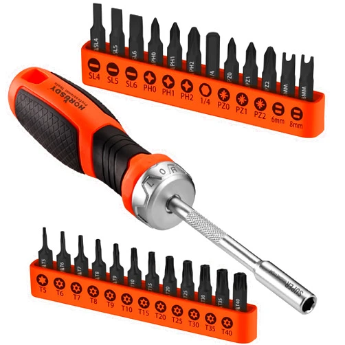 HORUSDY 25-Piece Security Torx Screwdriver Bit Set | T5-T40 Torx Bit Set 1/4 inch Ratcheting Magnetic Bit Driver | 12Pcs Torx Bit and 12Pcs Common Bit