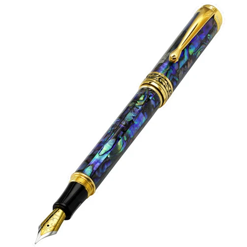 Xezo Maestro Fountain Pen, Fine Nib. Natural Pāua Abalone Sea Shell Inlay with 18 Karat Gold Plating. Handcrafted, Limited Edition, Serialized. No Two Alike