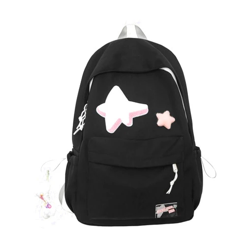Etnoreun Kawaii Backpack with Star Patch and Cute Accessory Spacious and Multiple Compartments (Black)