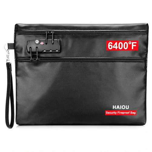 Haiou 6400°F Fireproof Document Bag with Combination Lock - Heat Resistant Money Bag for Cash, Passports, Deeds, Phones, Waterproof Fire Proof Bag (Black)