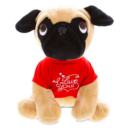 DolliBu I Love You Valentine Plush Pug Dog - Cute Stuffed Animal with Red Shirt and Name Personalization Gift for Valentines Day, Birthday, Anniversary, Romantic Date - 10 Inches