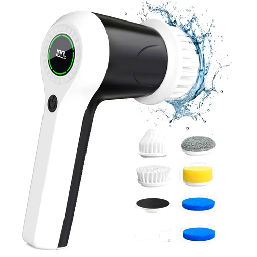 PUFTEM Electric Spin Scrubber, Cordless Shower Scrubber with Battery Level Display, 2 Speeds Electric Scrubber for Cleaning with 6 Replaceable Heads, Electric Cleaning Brush for Bathroom/Sink/Window