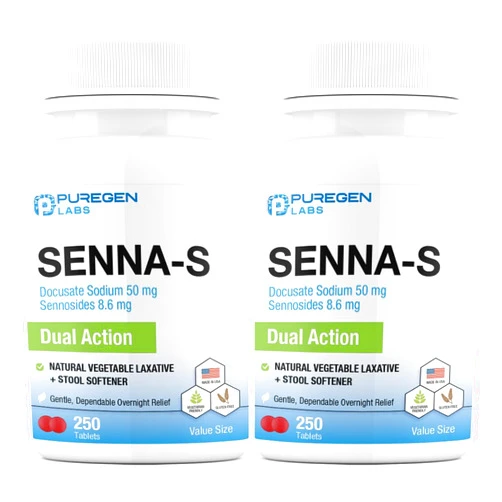 P Puregen Labs Puregen Labs Senna-S Natural Vegetable Laxative Plus Stool Softener Dual Action - Total 500 Tablets Senna Plus | Gentle Dependable Overnight Relief of Occasional Constipation - 2Pack