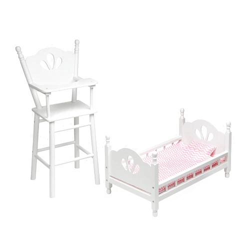 Badger Basket Doll High Chair and Bed Set - Classic Wooden Furniture for 18 Inch Dolls with Chevron Bedding, Spindle Styling, Fixed Tray and Pillow Accessories - White and Pink