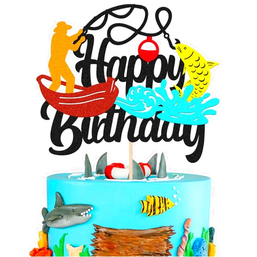 WishFirst Gone Fishing Cake Topper Happy Birthday Sign Fish Cake Decorations for Man Kids Boy Fisherman Fishing Themed Birthday Party Supplies Black Fish Glitter Decor