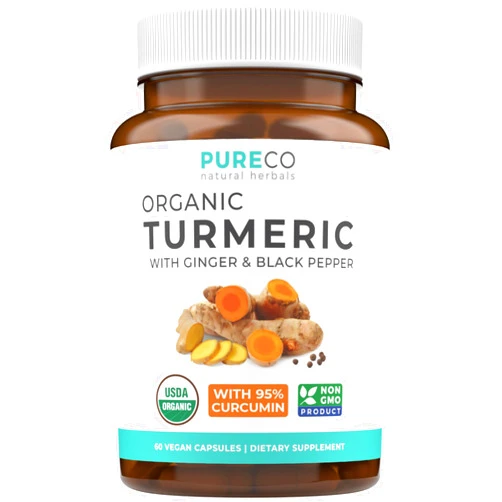PURE CO USDA Organic Turmeric Curcumin with Black Pepper and Ginger (2 Month Supply) Joint Support Supplement with Tumeric and Ginger Root Powder - Organic Turmeric Supplement - 60 Vegan Capsules (No Pills)