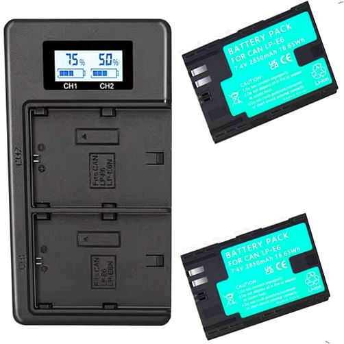 VIFANIV LP-E6N 2-Pack 2850mAh Batteries and LP-E6 Battery Charger Case fit for Canon EOS R, EOS R5, EOS 90D, EOS 60D, 70D, 80D, 5D II, 5D III, 5D Mark IV, 6D, 6D II, 7D, 7D II, XC10, XC15 Cameras