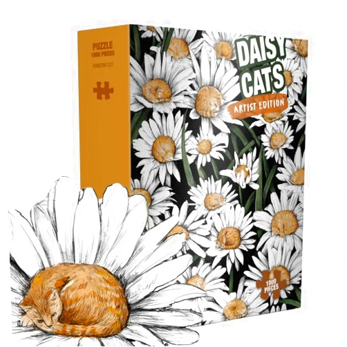 NOLID Daisy Meadow Illusion Cats Puzzle - 1000 Pieces Jigsaw for Adults, Artist Edition - Premium Magnetic Box - Random Cut Floral Design (Daisy Cats)