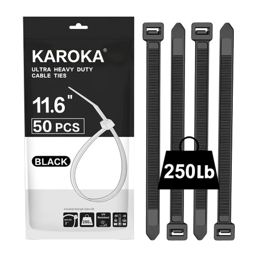 Karoka Industrial Zip Ties Heavy Duty with 250 lbs Tensile Strength, 11.6 inch, Electrical Cable Ties Heavy Duty, 50 Pieces, Wide and Thick Zip Ties, by Karoka