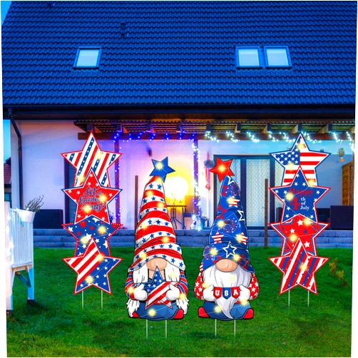 Burbell 4 Pcs 4th of July Yard Signs Gnome Outdoor Sign with Stakes 32 Inch Gnome Lawn Decor with String Light Lawn Decor for Home Walkway Decor