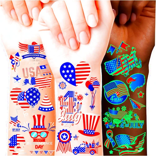 Sixberry Glow in the Dark 4th of July Temporary Tattoos for Kids Adults, 181pcs Metallic Silver Red White and Blue USA Flag Tattoo Stickers for Patriotic Independence Day Party Decorations Favors