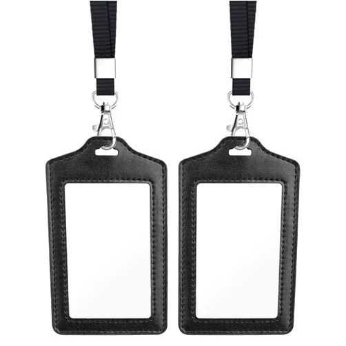 Teskyer 2 Pack Double Sided Clear Badge Holder with Lanyard, PU Leather ID Badge Name Card Holder with Stainless Steel J-Hook Nylon Lanyard for Work, School, Metro, Access, Black