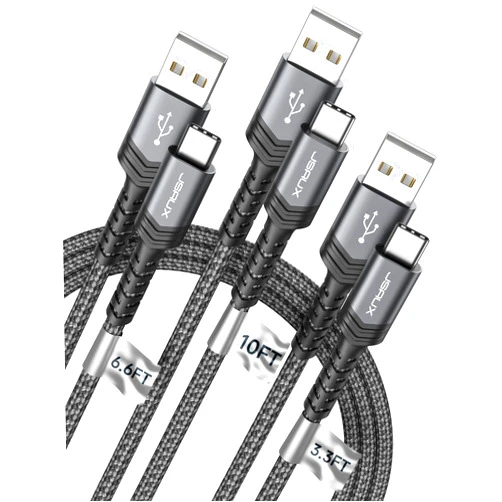JSAUX USB-C Cable 3.1A Fast Charging, 3-Pack (10ft+6.6ft+3.3ft) USB A to Type C Charge Cord Compatible with Samsung Galaxy S22 S20 Note 20 10, iPhone 16/16e/16 Pro/16 Pro Max/15, USB C Charger(Grey)