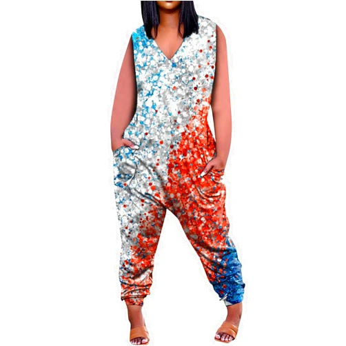 Yesunpxs Oversized Jumpsuits for Women V Neck Sleeveless Wide Leg Knee Pockets Rompers Independence Day Graphic Overalls