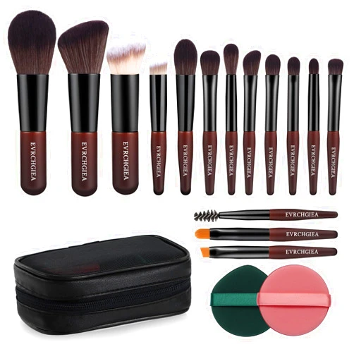 EVRCHGIEA Travel Makeup Brush Set, 15 pcs Mini Makeup Brushes and 2 Puff for Foundation, Powder, Eyeshadow, Highlight, Contour, Blush & Concealer, Small Makeup Brush Set Purse Size with Case
