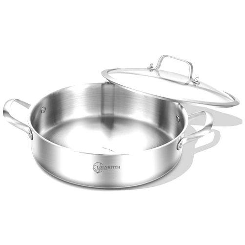 LOLYKITCH 3 Quarts Tri-Ply Stainless Steel Sauté Pan wih Lid,9-1/2 Inch Deep Fry pan,Small Skillet,Jumbo Cooker,Induction Pan,Dishwasher and Oven Safe.