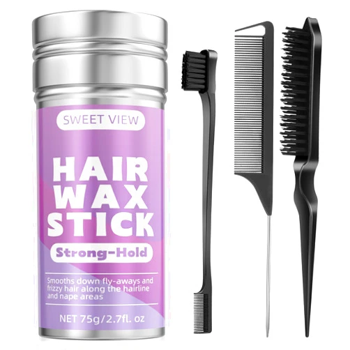 SWEET VIEW Hair Wax Stick & Slick Back Hair Brush, Flexible Hold Fly Away Hair Tamer, Hair Cream/Gel for Sleek Ponytail,Flyaways,Frizz, Non-Greasy Hair Styling Accessorie Pomade/Balm for Toddler, Kid