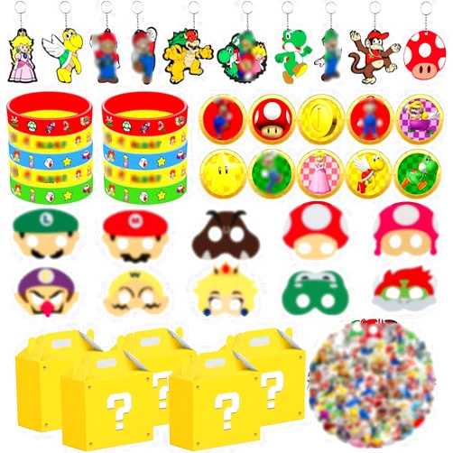 MAMESO 100PCS Birthday Party Supplies , Super Mario Birthday Party Favors Include Masks,Wristband,Stickers,Gift Boxes,Keychain,Brooch, Best Gift for Themed Birthday Party Goodie Bags Stuffers