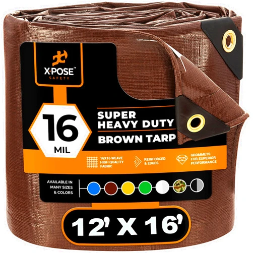 Xpose Safety 12' x 16' Super Heavy Duty 16 Mil Brown Poly Tarp Cover - Thick Waterproof, UV Resistant, Rip and Tear Proof Tarpaulin with Grommets and Reinforced Edges - by Xpose Safety