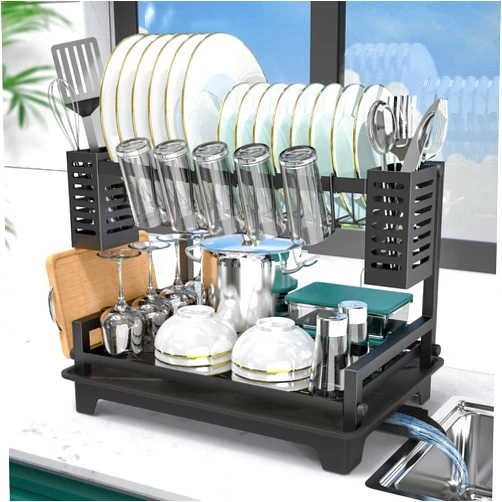 B-Land Dish Drying Rack, 2 Tier Dish Racks for Kitchen Counter, Large Dish Drying Rack with Drainboard & Utensil Holders, Rust-Proof Dish Drainers,Kitchen Organization