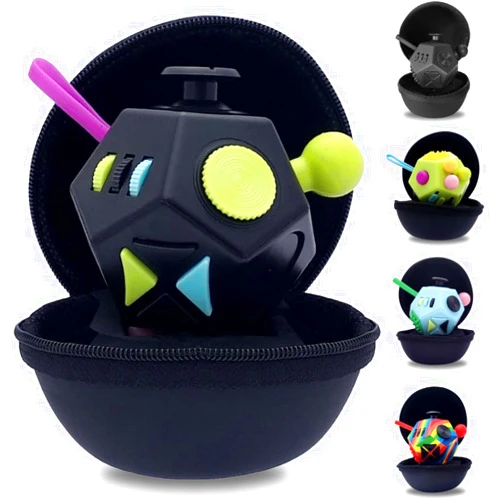 PILPOC theFube Fidget Cube with 12 Sides - Handy Anxiety Toys for Kids and Adults - Fidget Dice for Stress Relief & Focus - Anti Stress Cube for ADHD, ADD, with Carry Case (Black & Mix)