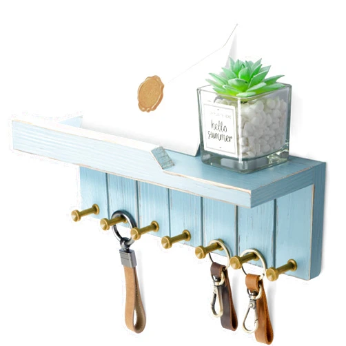 Rebee Vision Key Holder Wall Mount for Boho Decor - Key and Mail Holder for Wall with 7 Sturdy Key Hooks and Floating Shelf - Room Decor Aesthetic (Distressed Blue)
