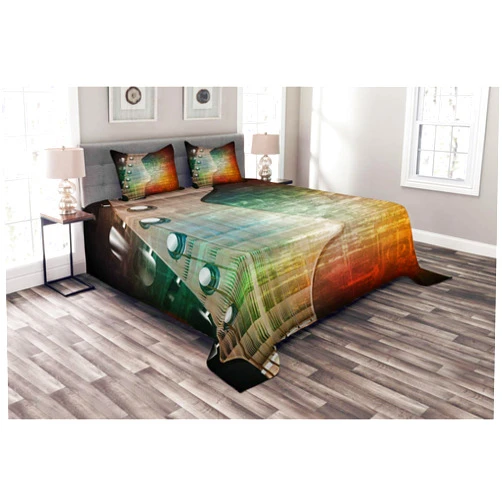 Ambesonne Guitar Bedspread, Abstract Grunge Retro Background with Headstock and Tuning Pegs Blues Jazz Music, Decorative Quilted 3 Piece Coverlet Set with 2 Pillow Shams, King Size, Black Orange