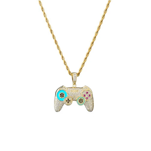 Cheyoo Mens Gold Plated Hip Hop GamePad Game handle Pendant Necklace Rapper Jewelry Full CZ Cubic Zircon 3mm 24