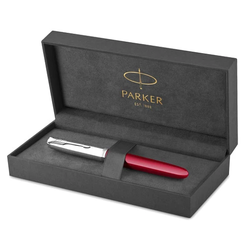 Parker 51 Fountain Pen Burgundy Barrel with Chrome Trim Fine Nib with Black Ink Cartridge Gift Box