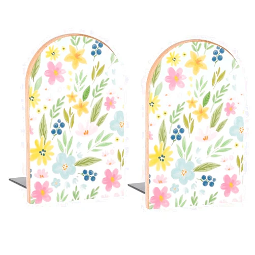 Famame Cute Watercolor Leaves Floral Book Ends Decorative Wood Bookends for Shelves Kids Room Desk Home Office Book Stoppers for Magazines,Books, DVDs, 1 Pair/2 Pieces(5x3.1 in)