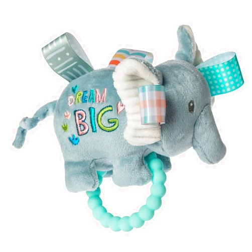 Mary Meyer Taggies Soft Baby Rattle with Teether Ring and Sensory Tags, 6-Inches, Dream Big Elephant